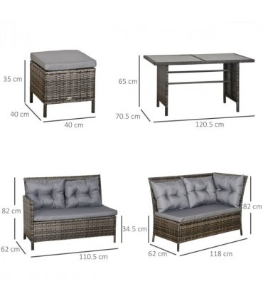 6PC Garden Rattan Corner Dining Sofa 7-seater Wicker Table Foot Stool - Grey