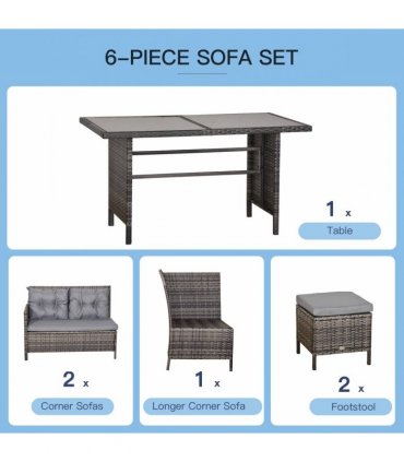 6PC Garden Rattan Corner Dining Sofa 7-seater Wicker Table Foot Stool - Grey