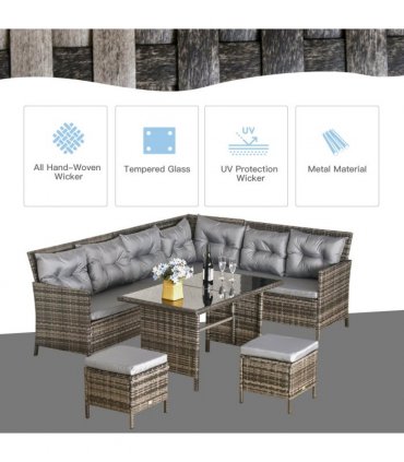 6PC Garden Rattan Corner Dining Sofa 7-seater Wicker Table Foot Stool - Grey