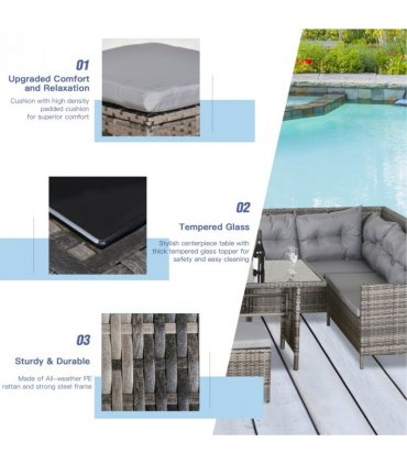 6PC Garden Rattan Corner Dining Sofa 7-seater Wicker Table Foot Stool - Grey