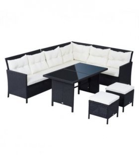 6PC Garden Rattan Corner Dining Sofa 7-seater Wicker Table Foot Stool - Black — Colour: Black, cream white