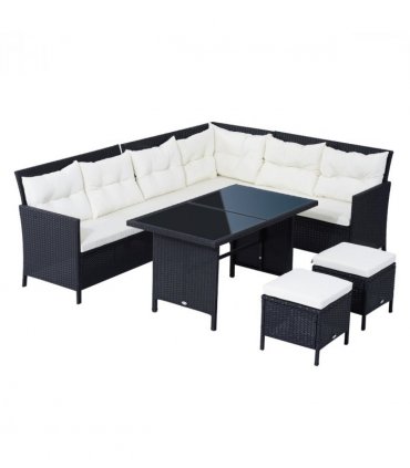 6PC Garden Rattan Corner Dining Sofa 7-seater Wicker Table Foot Stool - Black — Colour: Black, cream white