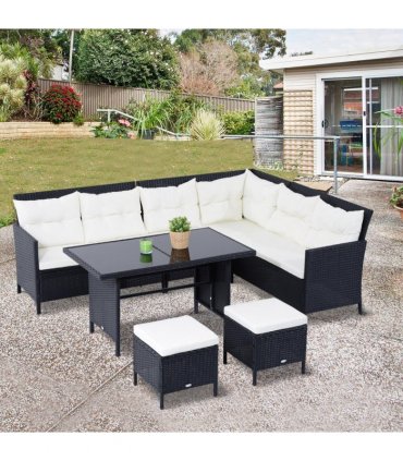 6PC Garden Rattan Corner Dining Sofa 7-seater Wicker Table Foot Stool - Black — Colour: Black, cream white