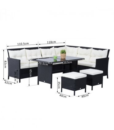 6PC Garden Rattan Corner Dining Sofa 7-seater Wicker Table Foot Stool - Black — Colour: Black, cream white