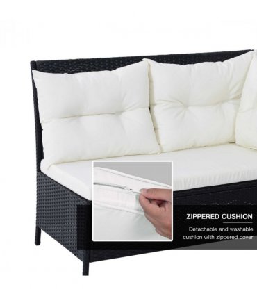 6PC Garden Rattan Corner Dining Sofa 7-seater Wicker Table Foot Stool - Black — Colour: Black, cream white