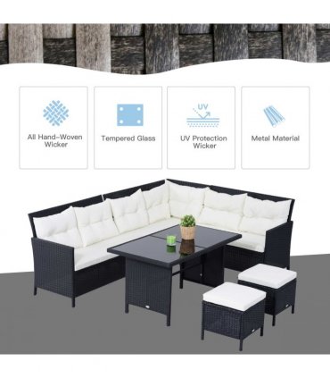 6PC Garden Rattan Corner Dining Sofa 7-seater Wicker Table Foot Stool - Black — Colour: Black, cream white