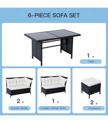 6PC Garden Rattan Corner Dining Sofa 7-seater Wicker Table Foot Stool - Black — Colour: Black, cream white
