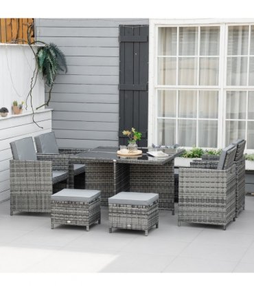 9PC Rattan Garden Furniture Set 8 Wicker Dining Chairs Footrest Table - Grey