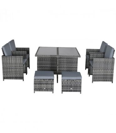 9PC Rattan Garden Furniture Set 8 Wicker Dining Chairs Footrest Table - Grey