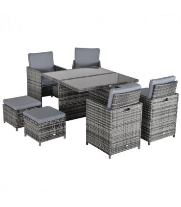 9PC Rattan Garden Furniture Set 8 Wicker Dining Chairs Footrest Table - Grey