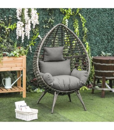 Outdoor Indoor Rattan Egg Chair Wicker Weave Teardrop Chair with Cushion — Colour: Grey