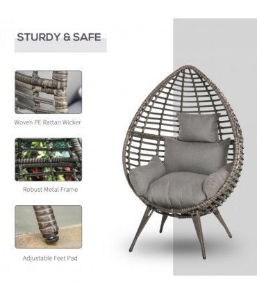 Outdoor Indoor Rattan Egg Chair Wicker Weave Teardrop Chair with Cushion — Colour: Grey