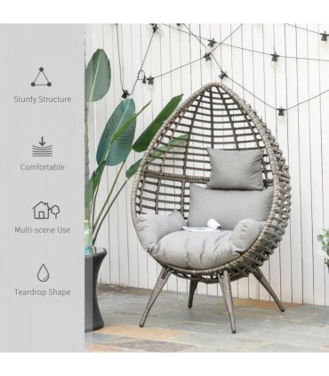 Outdoor Indoor Rattan Egg Chair Wicker Weave Teardrop Chair with Cushion — Colour: Grey