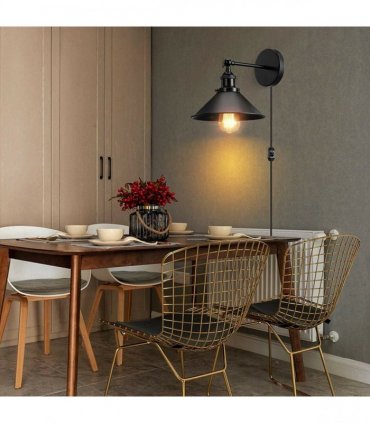 Modern Black Plugin Wall Light Fitting Cone Metal Shade Indoor Sconce Light — Size: Without Bulb