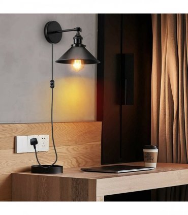 Modern Black Plugin Wall Light Fitting Cone Metal Shade Indoor Sconce Light — Size: Without Bulb