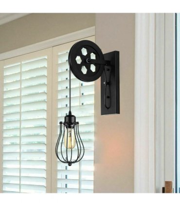 Retro Industrial Pulley Wheel Cage Wall Light E27~1212 — Colour: Black — V069662418
