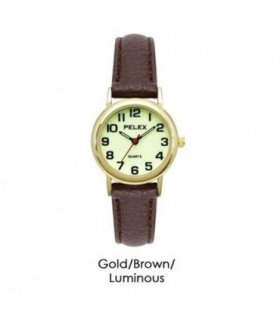 PELEX Ladies Glow In The Dark Leather Strap Quartz Watch PLX-013-GOLD-LUM-BRN — Colour: Gold/Brown