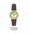 PELEX Ladies Glow In The Dark Leather Strap Quartz Watch PLX-013-GOLD-LUM-BRN — Colour: Gold/Brown