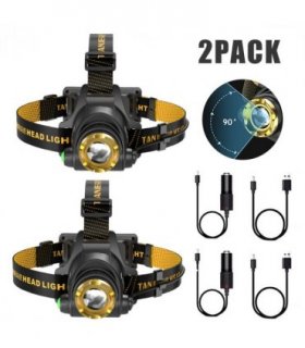 (2 Pack) USB Rechargeable LED Headlamp 3 Modes Head Torch Zoomable Headlight+Car Charger+USB Cable