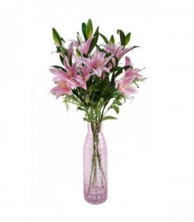 Artificial Pink Lily Flower Arrangement Glass Vase - 100cm Light Pink Silk