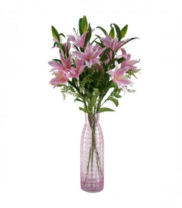Artificial Pink Lily Flower Arrangement Glass Vase - 100cm Light Pink Silk