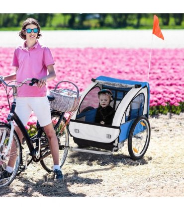 Child Bike Trailer 2-Seat Steel Frame Blue 88H x 130L x 76Wcm 18m+ Oxford Fabric