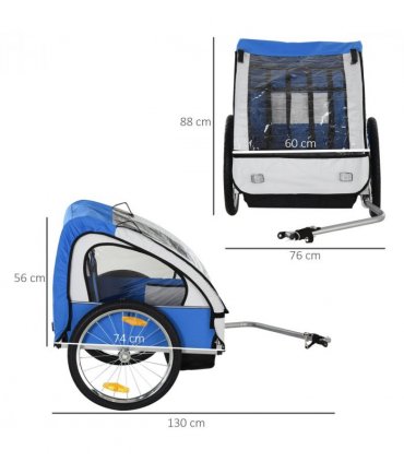 Child Bike Trailer 2-Seat Steel Frame Blue 88H x 130L x 76Wcm 18m+ Oxford Fabric