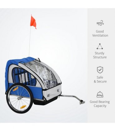 Child Bike Trailer 2-Seat Steel Frame Blue 88H x 130L x 76Wcm 18m+ Oxford Fabric