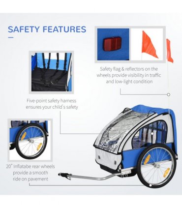 Child Bike Trailer 2-Seat Steel Frame Blue 88H x 130L x 76Wcm 18m+ Oxford Fabric
