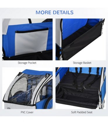 Child Bike Trailer 2-Seat Steel Frame Blue 88H x 130L x 76Wcm 18m+ Oxford Fabric