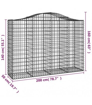 vidaXL Arched Gabion Basket 200x50x140/160 cm Galvanised Iron