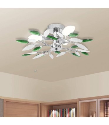 Ceiling Lamp with White & Green Acrylic Crystal Leaf Arms for 3 E14 Bulbs