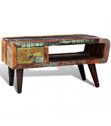 vidaXL Coffee Table with Curved Edge 1 Drawer Reclaimed Wood