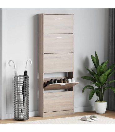 Oak Look Wooden Shoe Cabinet with 5 Compartments