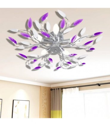 Purple & White Ceiling Lamp with Acrylic Crystal Leaf Arms for 5 E14 Bulbs