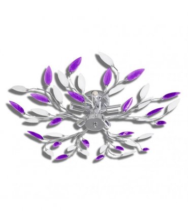Purple & White Ceiling Lamp with Acrylic Crystal Leaf Arms for 5 E14 Bulbs