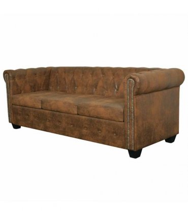 vidaXL Chesterfield Sofa 3-Seater Brown Faux Leather