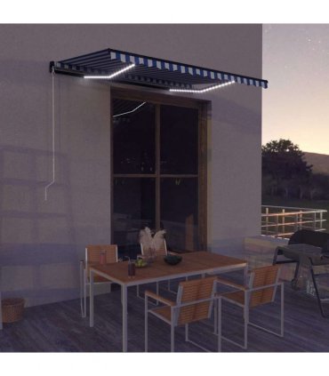vidaXL Manual Awning with Solar LED 3.5 x 2.5 m Blue and White Stripe