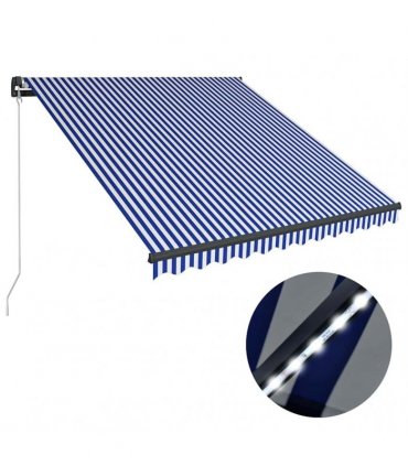 vidaXL Manual Awning with Solar LED 3.5 x 2.5 m Blue and White Stripe