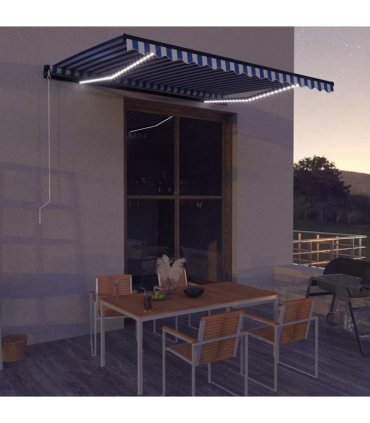 vidaXL Manual Awning with Solar LED 4 x 3 m Blue and White Stripe