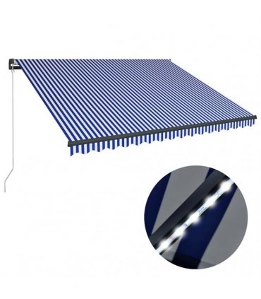 vidaXL Manual Awning with Solar LED 4 x 3 m Blue and White Stripe