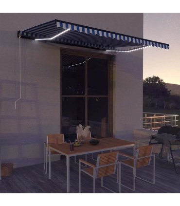 vidaXL Manual Awning with Solar LED 4.5 x 3 m Blue and White Stripe