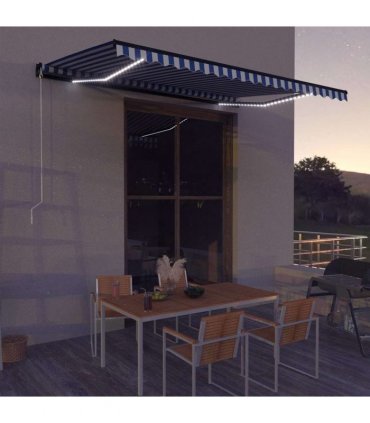vidaXL Manual Awning with Solar LED 5 x 3 m Blue and White Stripe