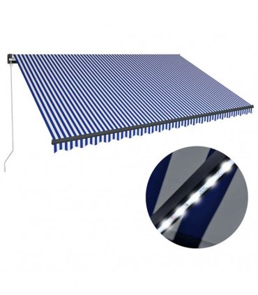 vidaXL Manual Awning with Solar LED 5 x 3 m Blue and White Stripe