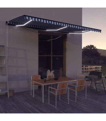 vidaXL Manual Awning with Solar LED 6 x 3 m Blue and White Stripe