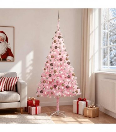 vidaXL Artificial Pre-lit Christmas Tree with Ball Set Pink 210 cm PVC