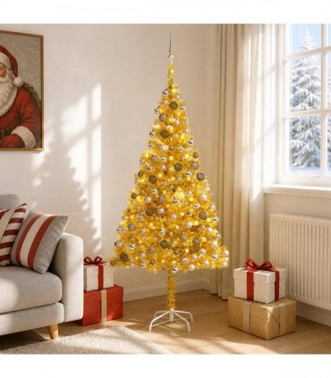 vidaXL Artificial Pre-lit Christmas Tree with Ball Set Gold 210 cm PET