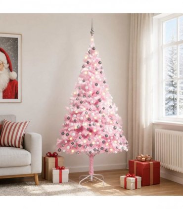 vidaXL Artificial Pre-lit Christmas Tree with Ball Set Pink 210 cm PVC