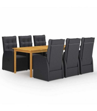 vidaXL 7 Piece Garden Dining Set with Cushions Black Poly Rattan
