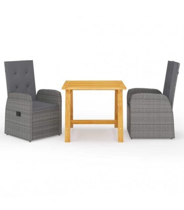 vidaXL 3 Piece Garden Dining Set with Cushions Grey Poly Rattan